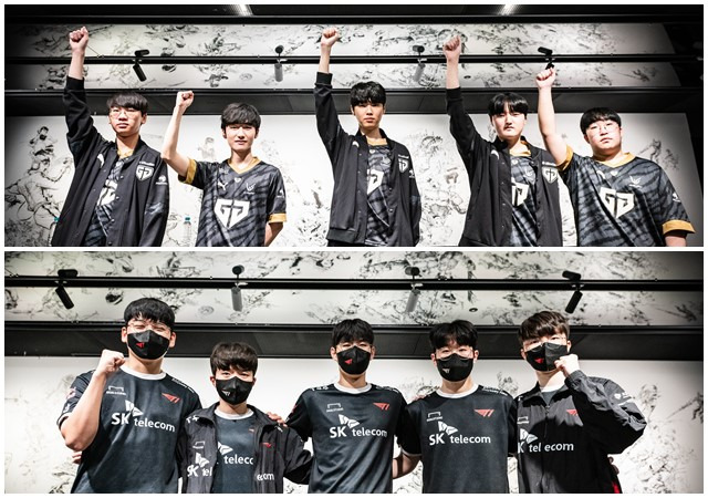 2023 LCK 스프링 9주 차에서 경쟁자들을 물리치고 2위를 차지한 젠지(위)와 팀 통산 5번째 라운드 스윕을 달성한 T1 /LCK