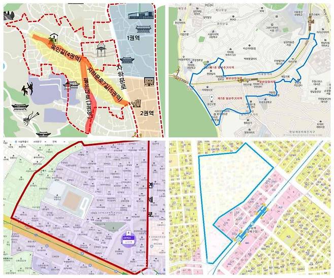 (시계방향으로) 종로구 서촌상권, 용산구 이태원상권, 강북구 수유상권, 서대문구 신촌상권