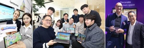KT가 최근 오픈베타 버전을 출시한 메타버스 플랫폼 ‘지니버스’. 알파세대 특화 메타버스 서비스 ‘키즈토피아’를 소개하고 있는 LG유플러스 직원들. MWC SK텔레콤 부스를 둘러보고 있는 유영상 SK텔레콤 사장(오른쪽)과 팀 회트게스 도이치텔레콤 회장(왼쪽부터 순서대로). 사진제공｜SK텔레콤·KT·LG유플러스