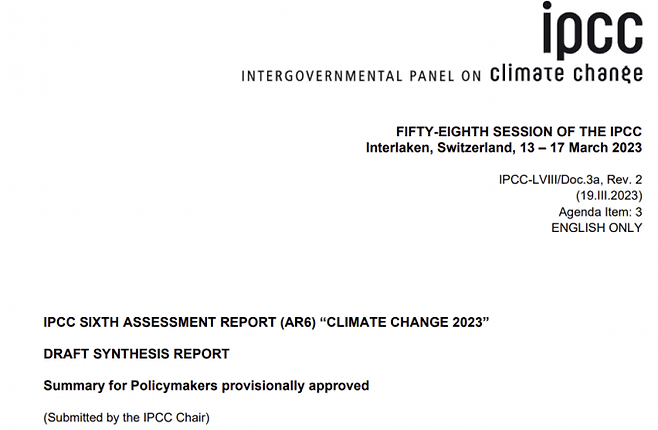 기후변화에 관한 정부간 협의체(IPCC)가 20일 발간한 제6차 평가보고서(AR6) 종합보고서 표지. 기상청 제공