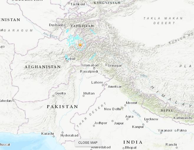 21일(현지시간) 오후 아프가니스탄 북부 힌두쿠시 산맥에서 발생한 규모 6.8 지진 위치. (미국지질조사국 화면 갈무리)