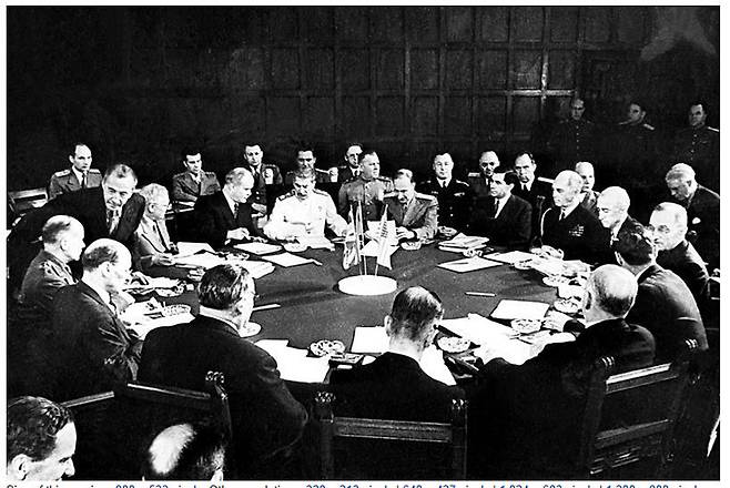 ▲ 1945년 7월 26일 포츠담 선언을 앞두고 미국 트루먼 대통령, 스탈린 소련 공산당 서기장 등이 모여 회의를 하고 있는 모습. 이 회담에서 한국문제와 관련해서는 제8항에서