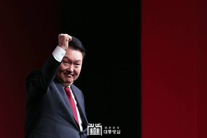 지난 8일 국민의힘 전당대회에 참석한&nbsp;윤석열 대통령. 출처는 대통령실.