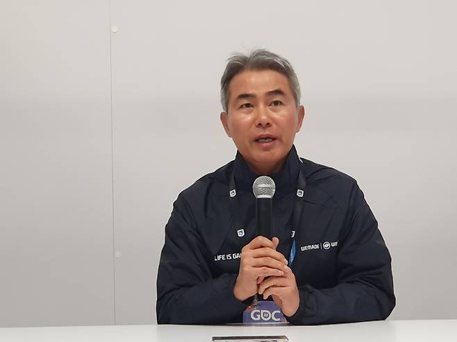 22일(현지시각) 미 샌프란시스코에서 열린 GDC 2023에서 장현국 위메이드 대표가 사업 비전을 밝히고 있다. /김성민 기자