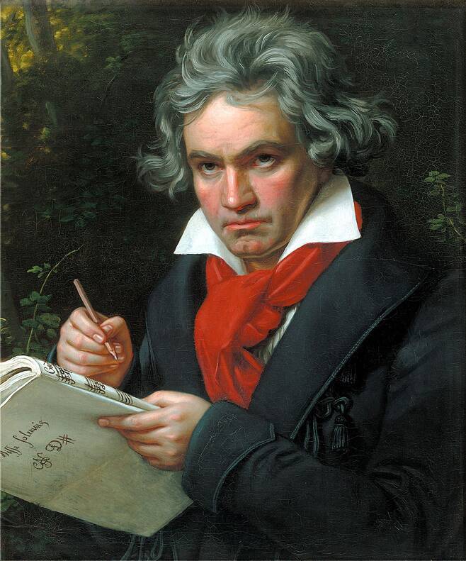 요제프 카를 슈틸러가 생전에 그린 베토벤의 초상화. 장엄미사((Missa solemnis) 악보를 든 모습이다. 그는 1827년 사망했는데 유전자 분석을 통해 간경변이 원인이었던 것으로 밝혀졌다./베토벤 생가