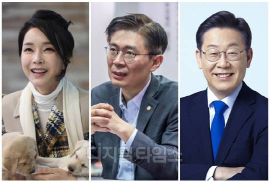 (왼쪽부터) 윤석열 대통령 부인 김건희 여사, 조정훈 시대전환 의원, 이재명 더불어민주당 대표. <디지털타임스 박동욱 기자 fufus@, 대통령실·민주당 제공>