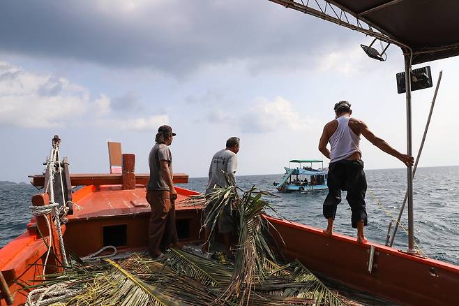 코타오 어부들은 요즘 '어류유집장치'를 적극 활용하고 있다. 야자수 잎을 바다에 담가 어류를 유인하는 장치다. 꾸준한 노력의 결과 최근에는 대형 참치도 잡히고 있단다. 어부들이 바다에 야자수 잎을 설치하는 모습.