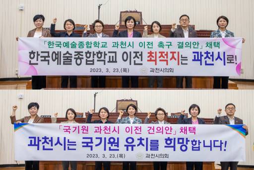 과천시의회가 23일 열린 임시회에서 국기원과 한예종 이전을 촉구하고 있다. 과천시의회 제공