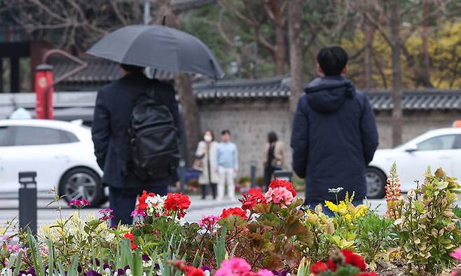전국이 대체로 흐리고 비가 내릴 것으로 예보된 23일 서울광장 인근에서 우산을 쓴 시민과 안 쓴 시민이 신호를 기다리고 있다. 연합뉴스