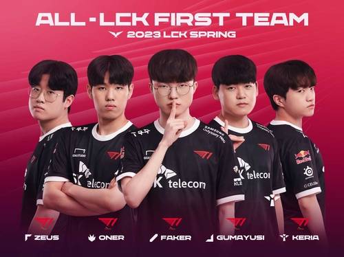 2023 LCK 스프링 '올 LCK 퍼스트 팀'에 선정된 T1 선수단    [리그 오브 레전드 챔피언스 코리아(LCK) 제공. 재판매 및 DB 금지