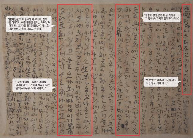 ‘나신걸 한글 편지’에는 외지 근무 때문에 집에 갈 수 없는 남편의 고향 집을 향한 걱정과 아내에 대한 사랑이 오롯이 담겨 있다. 우선 분과 바늘을 사서 보낸다는 내용이 눈에 들어온다. 또 농사는 직접 짓지 말고 반드시 소작을 주고, 소작을 짓는 집에 어떤어떤 곡식의 씨를, 얼마큼 주라는 등 구체적으로 열거하고 있다. 또 관아에 세금을 내는 일을 똑똑한 노비에게 시키라는 내용도 있다. 대전시립박물관 제공