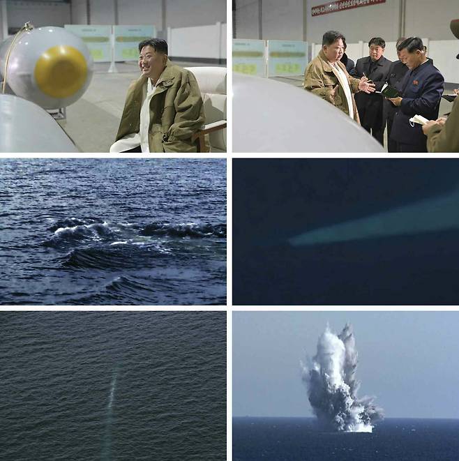 북한이 지난 24일 공개한 수중 핵 무인공격정(핵어뢰) '해일' 모습.  러시아 핵어뢰 '포세이돈'을 모방했을 가능성이 높은 것으로 분석된다.   /뉴스1