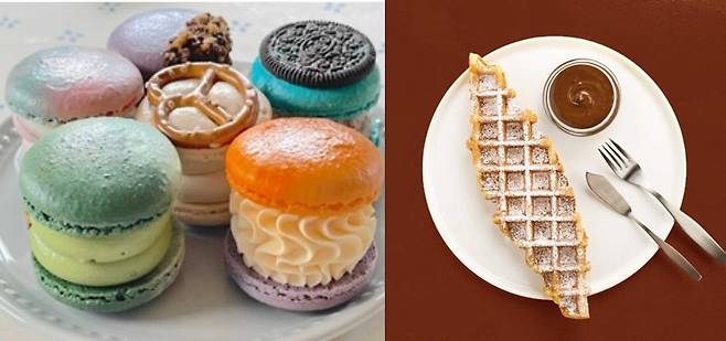 일본의 뚱카롱 전문점 제품(왼쪽)과 국내 크로플 제품 [코트라·메가샵크로플 제공]