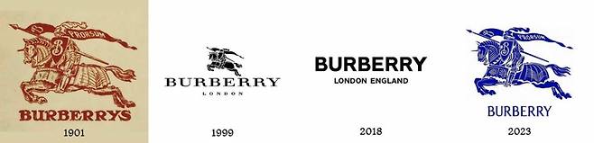 버버리 로고 변천사. 2023년 새롭게 공개된 로고는 알파벳 B가 새겨진 깃발과 방패로 무장한 채 앞으로 돌격하던 버버리의 상징 '이퀘스트리언 나이트'를 재등장시켰다. 새 로고의 글꼴은 강렬하면서 깔끔한 고딕체 스타일에서 보다 날렵하고 감성을 자극한 명조체 스타일로 바뀌었다. [버버리]