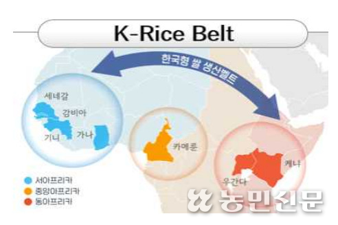 '케이(K)-라이스벨트'는 서아프리카(세네갈·감비아·기니·가나)-중앙아프리카(카메룬)-동아프리카(우간다·케냐)를 횡단하는 지역에 한국형 쌀 생산벨트를 구축하는 것이다. 제공=농림축산식품부