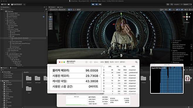 애플 M2 맥스로 유니티 엔진을 구동한 예시, GPU 메모리가 총 96GB여서 메모리를 30GB나 사용한 상태에서도 여유로운 모습을 보여준다. 출처=IT동아