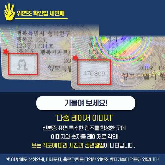 주민등록증 위변조 육안 식별 요령. 사진 행정안전부