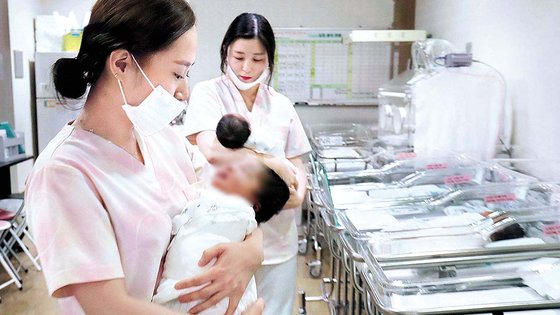 한 산부인과 신생아실에서 갓 태어난 아기들이 간호사들의 보살핌을 받고있다. 김성태 기자