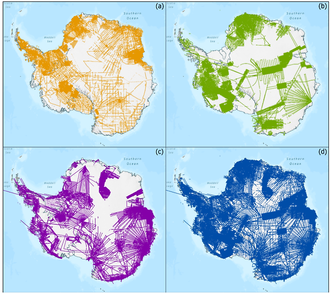그림 2 : BEDMAP 컨소시엄에서 빙하레이더를 이용하여 빙하 두께 등을 탐사한 측선을 보여줌. a : BEDMAP1 / b : BEDMAP2 / c : BEDMAP3 / d : BEDMAP1,2,3을 모두 합친 데이터. 우리나라는 BEDMAP3부터 컨소시엄에 참여하였다. (참조 : Fremand 등 2023년)