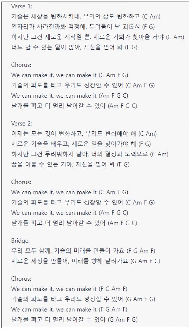 <그림 17> ‘기술이 일자리를 빼앗을까 봐 걱정되지만, 그래도 살아남을 수 있을 거라는 내용의 활기찬 노래’를 다장조(C major)로 만들어달라고 챗지피티에게 부탁한 결과. ⓒ챗지피티 갈무리