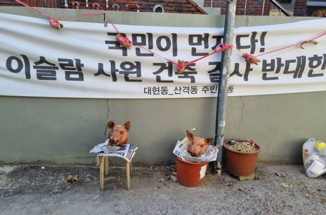 대구 북구 대현동 주민들이 이슬람교에서 금하는 돼지를 먹거나 전시하는 등 이슬람 사원 건립을 강력히 반대하고 있다. 사진은 지난달 15일 이슬람 사원 공사장 인근 주택가에 놓인 돼지머리. /사진=뉴스1