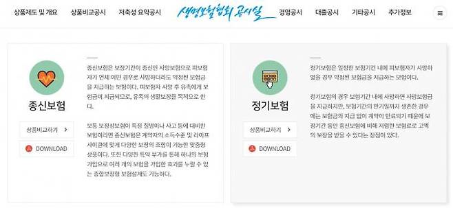 생명보험협회 공시실 홈페이지 캡쳐.