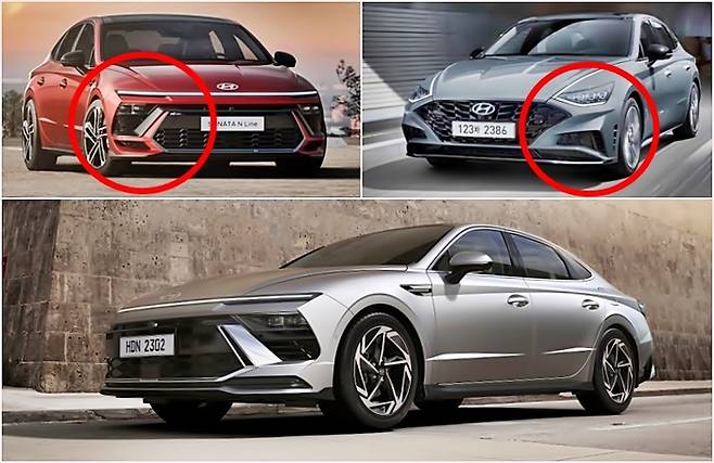 현재 판매되는 쏘나타(오른쪽 위)와 부분변경 쏘나타 [사진출처=현대차]