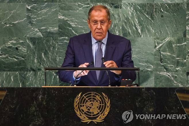 유엔총회장의 세르게이 라브로프 러 외무장관 [타스 연합뉴스 자료사진. 재판매 및 DB 금지]