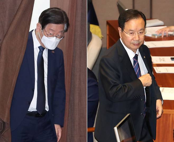 30일 오후 국회에서 열린 본회의에서 더불어민주당 이재명 대표가 국민의힘 하영제 의원 체포동의안에 대한 투표를 마치고 자리로 돌아가고 있다(왼쪽). 오른쪽은 자신의 체포동의안에 대한 투표를 앞두고 신상발언을 마친 뒤 자리로 돌아가는 하영제 국민의힘 의원./2023.03.30 이덕훈 기자