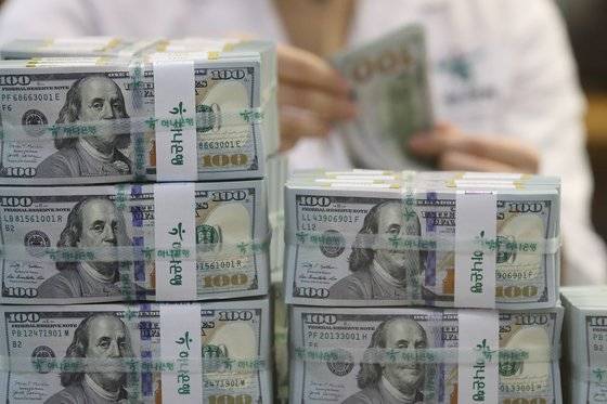 지난 6일 오전 서울 중구 하나은행 명동점 위변조대응센터에서 관계자가 달러화를 정리하고 있다. 뉴스1