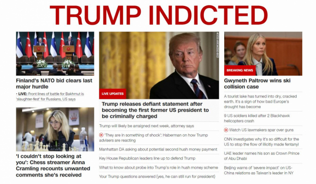 ▲30일(현지시각) 미국 언론들이 도널드 트럼프 전 대통령 기소 소식을 일제히 알렸다. 사진은 미 CNN 방송 누리집 화면을 갈무리한 것. ⓒCNN 갈무리