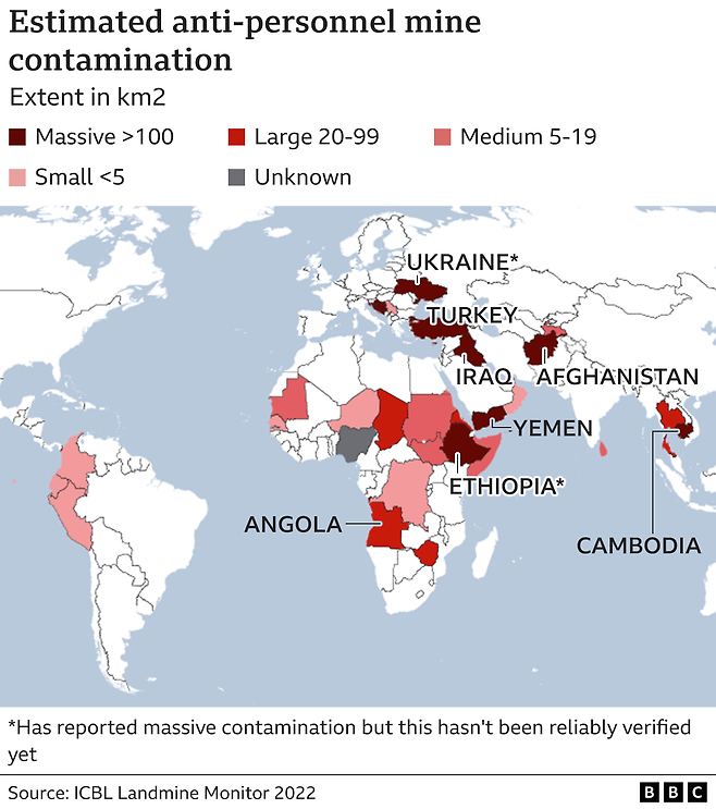 지뢰로 오염된 국가들을 보여주는 지도
