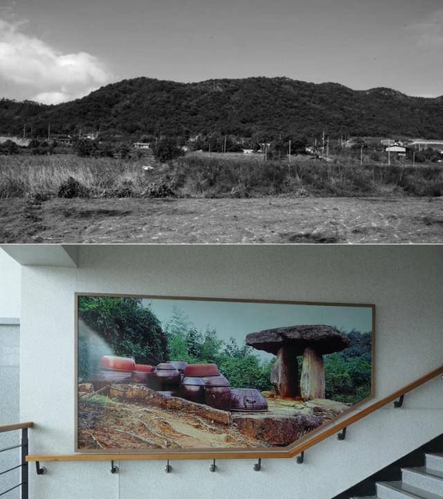 고인돌공원으로 정비되기 전의 죽림리 마을 모습(위)과 고창 박물관에 전시된 정비 이전의 도산리 군장고인돌 풍경. 군산대박물관·배기동 제공