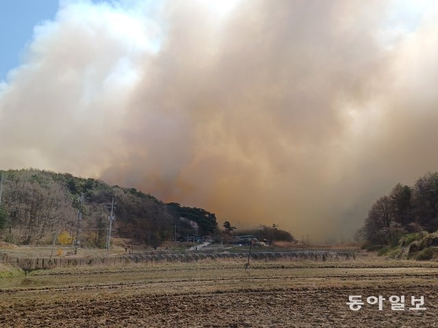 2일 오전 11시 3분께 충남 홍성군 서부면 중리 야산에서 발생한 산불이 건조한 날씨와 바람의 영향으로 확산되고 있다. 이기진 기자 doyoce@donga.com