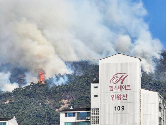2일 오전 11시 54분쯤 서울 종로구 인왕산에서 화재가 발생해 연기가 치솟고 있다. 뉴스1