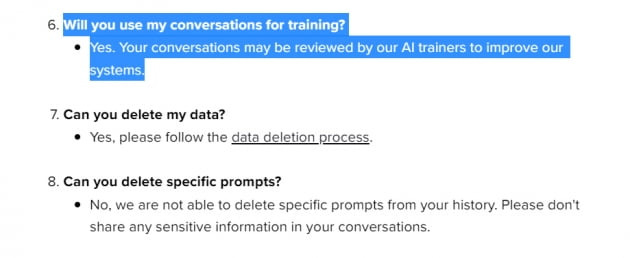 오픈AI의 챗GPT 도움말 중 일부. 이용자의 대화를 AI 모델 학습에 쓸 수 있다고 명시했다.