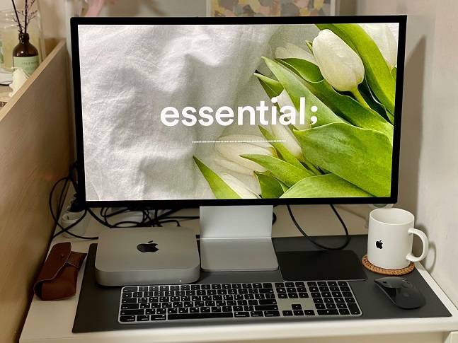 맥미니를 비롯해 스튜디오 디스플레이, 매직키보드 등 애플 PC 액세서리로 꾸며본 책상. /사진=백유진 기자 byj@