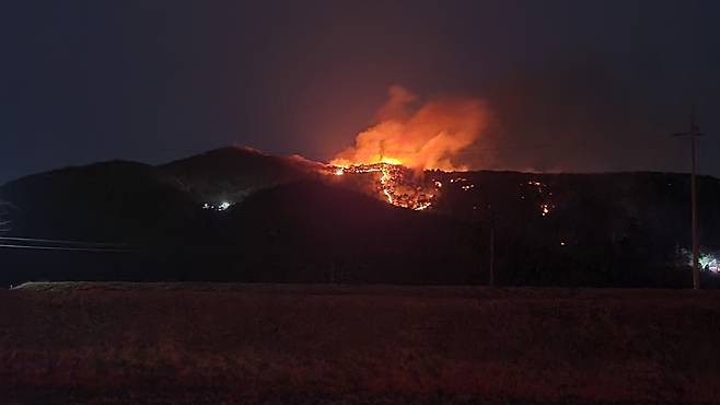 고산사 가까이 다가오는 산불 (홍성=연합뉴스) 3일 오후 10시께 보물 399호 홍성 고산사 대웅전 가까이로 산불이 접근하고 있다. 2023.4.4 [독자 제공. 재판매 및 DB 금지]