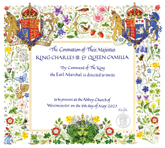 영국 왕실이 4일(현지시간) 공개한 찰스 3세 국왕의 대관식 초청장. 찰스 3세의 이름 옆에 왕비 커밀라(QUEEN CAMILLA)라는 명칭이 표기돼 있다. 영국 왕실 홈페이지 캡처