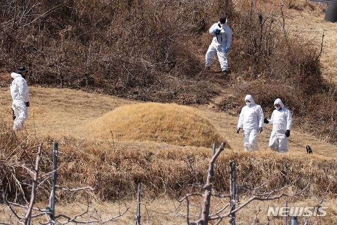 [안동=뉴시스] 김진호 기자 = 경북경찰청 전담수사팀이 13일 경북 봉화군 명호면에 소재한 이재명 민주당 대표의 양친 묘소에서 현장 검증을 하고 있다. 이 대표의 양친묘소는 최근 봉분 아래쪽 사방에 구멍 4개가 뚫려 있고, 구멍 2개에는 한자(生, 明, 氣 등)가 적힌 돌이 올려져 있는 등 훼손돼 경찰이 수사에 나섰다. 2023.03.13  kjh9326@newsis.com