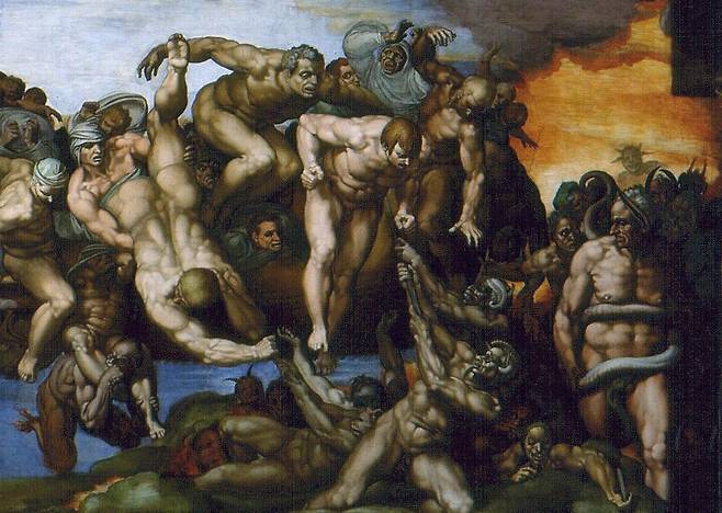 미켈란젤로 부오나로티, 최후의 심판(일부·화면 가장 오른쪽에 비아지오 다 체세나 추기경을 모델로 한 지옥의 수문장 미누스가 있다.) [wikimedia]