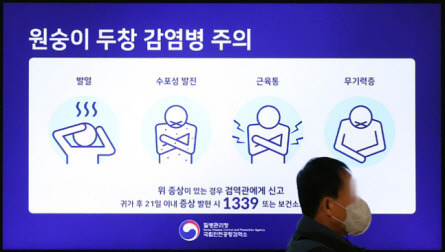 인천국제공항 1터미널 출국장 전광판에 올라간 원숭이 두창 감염에 대한 안내 [연합]