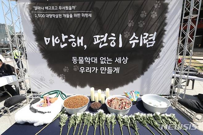 [서울=뉴시스] 조성봉 기자 = 8일 오후 서울 종로구 보신각 앞에서  대량학살된 1500마리 개들을 위한 위령제가 열렸다. 이날 위령제에는 번식장·펫샵 폐지 시민행동에 연대하는 110개 동물권 단체들과 환경단체, 민변 동물권위원회, 동물의 권리를 옹호하는 변호사들, 동물권연구변호사단체PNR 등 법조인 단체, 정의당, 녹색당, 더밝은미래당 등 정당 소속 기관들도 참석했다. 2023.04.08. suncho21@newsis.com