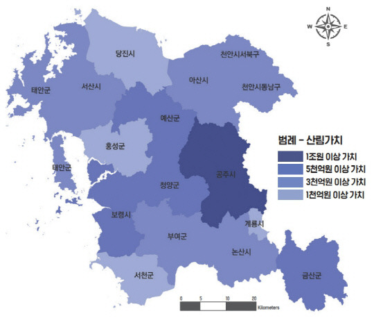 충남 시·군별 최소보전산림(광역산림생태축) 가치 및 지원 순위. 사진=충남연구원