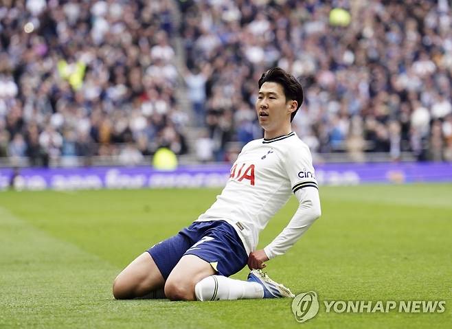 손흥민의 골 세리머니 [Zac Goodwin/PA via AP=연합뉴스]