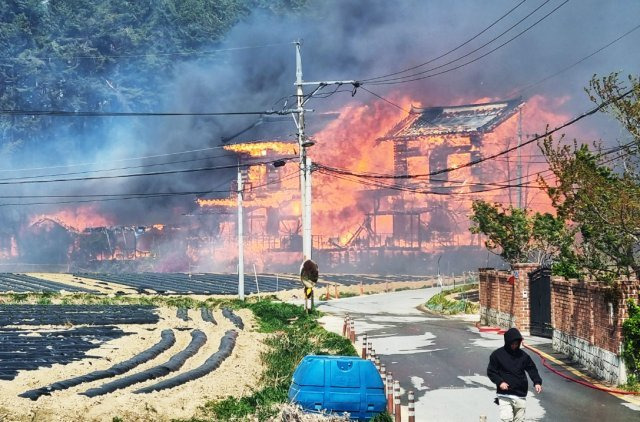 11일 오전 8시 22분경 강원 강릉 난곡동의 한 야산에서 발생한 산불이 민가로 확산, 한 주택이 불에 휩싸여 있다. 소방당국은 소방 대응 3단계를 발령하고 최고수위의 진화 작업을 펼치고 있다. 2023.4.11. 뉴스1