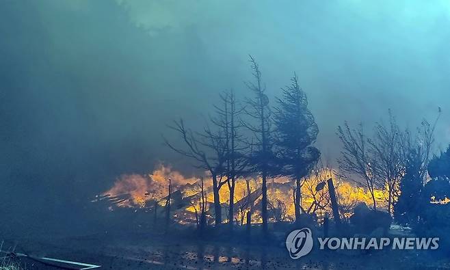 강릉서 산불…확산중 (강릉=연합뉴스) 유형재 기자 = 11일 오전 강원 강릉시 난곡동의 한 야산에서 불이 나 주택이 불에 타고 있다. 현재 강릉에는 강풍경보와 건조경보가 동시에 내려져 있다. 2023.4.11 yoo21@yna.co.kr