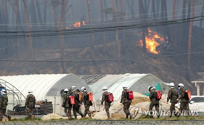 강릉 산불…군인 진화작업 투입 (강릉=연합뉴스) 유형재 기자 = 11일 오전 강원 강릉시 난곡동의 한 야산에서 난 불이 확산하는 가운데 저동 일대 진화작업을 위해 군인들이 투입되고 있다. 
       2023.4.11 yoo21@yna.co.kr