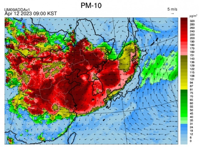 12일 오전 9시 기준 미세먼지(PM10) 농도 예상. 국립환경과학원 제공