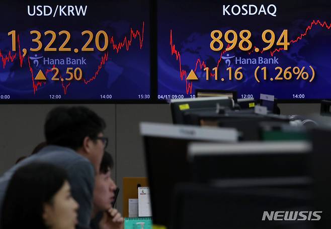 [서울=뉴시스] 조성우 기자 = 코스피가 전 거래일(2512.08)보다 35.78포인트(1.42%) 오른 2547.86에 거래를 마감한 11일 오후 서울 중구 하나은행 딜링룸에서 딜러들이 업무를 보고 있다. 코스닥지수는 전 거래일(887.78)보다 11.16포인트(1.26%) 상승한 898.94에 거래를 종료했다. 원·달러 환율은 전 거래일(1319.7원)보다 2.5원 오른 1322.2원에 마감했다. 2023.04.11. xconfind@newsis.com